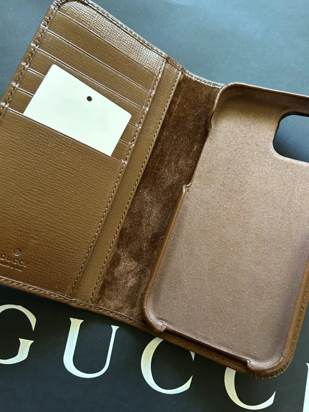 Gucci GG Supreme iPhone 15 Case Wallet Pouch Brown Leather Trim 760184 Authentic